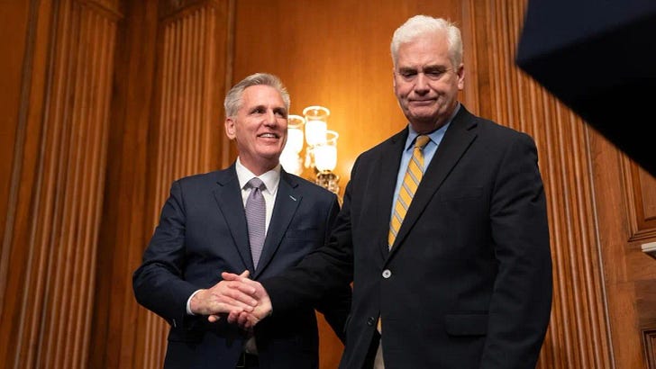 House Majority Whip Tom Emmer (right) is among the GOP hopefuls speculated to launch a speaker bid, following Rep. Kevin McCarthy's (left) historic ouster. (Photo via Getty Images)