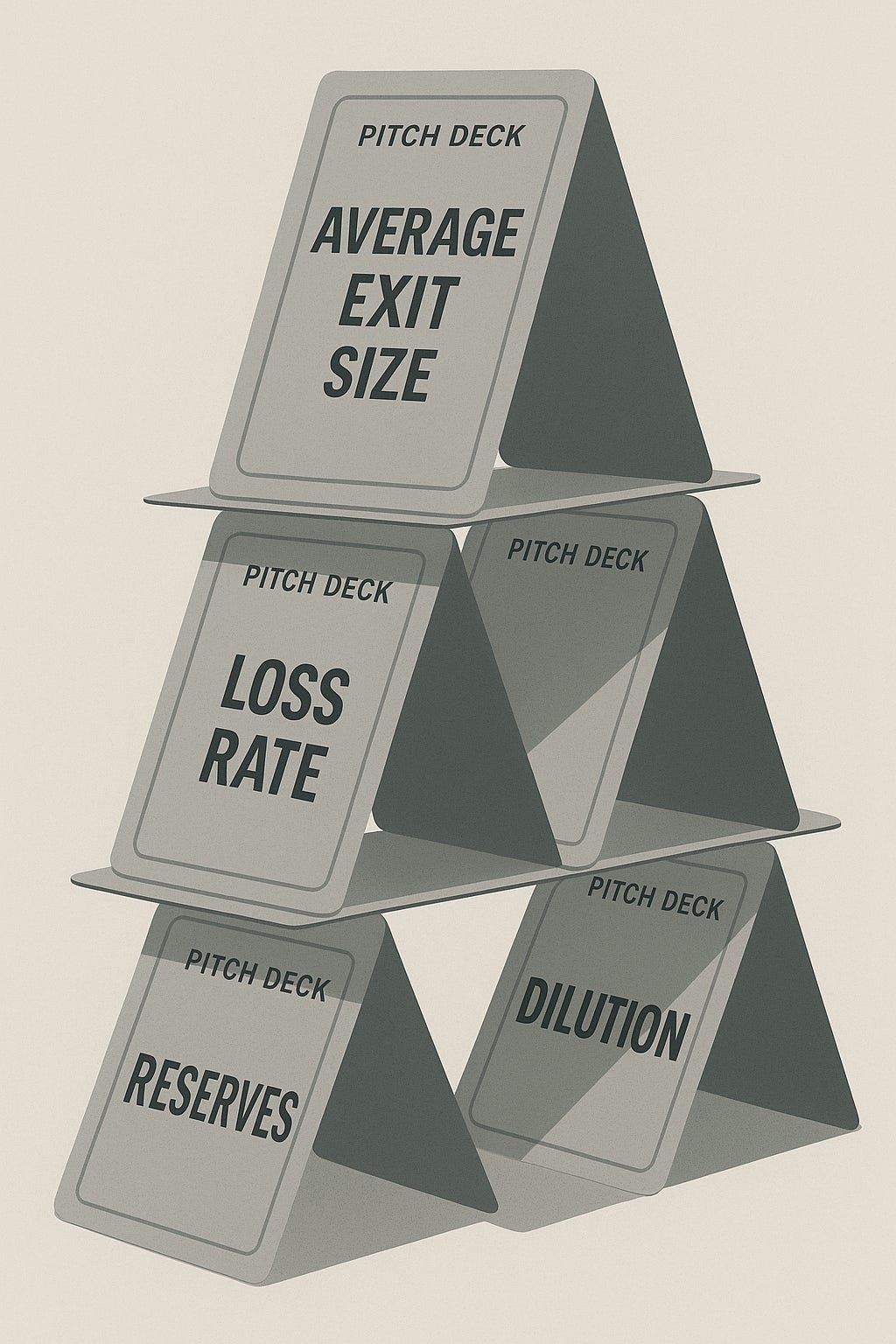 Illustration of a fragile house of cards labeled “Pitch Deck,” symbolizing how flawed venture fund models collapse under poor assumptions.