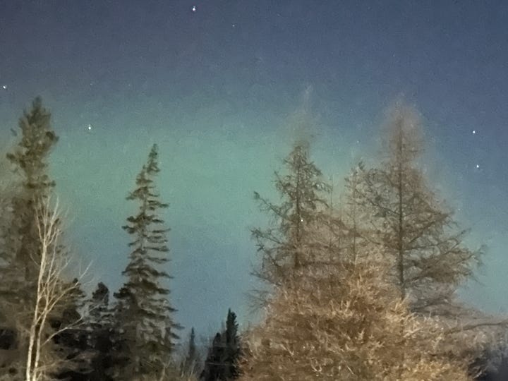 Photos of the pine trees again the Northern Lights, a bright moon over Lake Superior and stars in the sky.