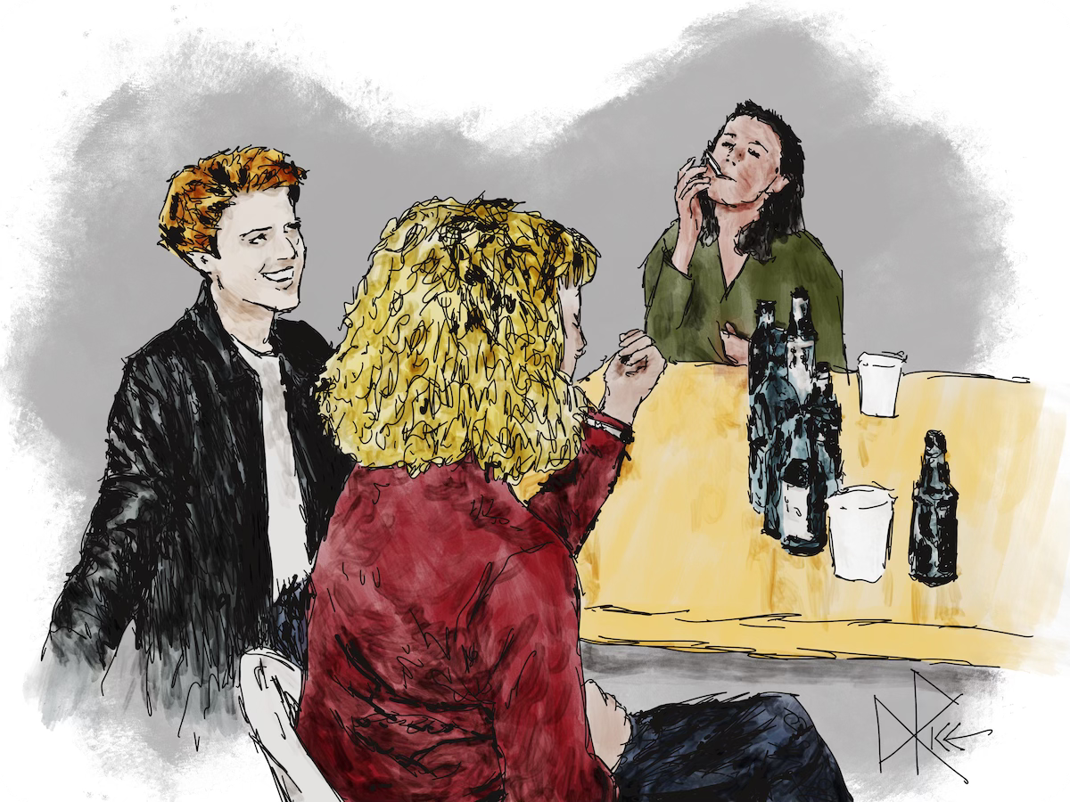 Three people seated around a kitchen table, socializing as a party swirls around them. Sketch art by Don Rice. Three people seated around a kitchen table, socializing as a party swirls around them. Sketch art by Don Rice.