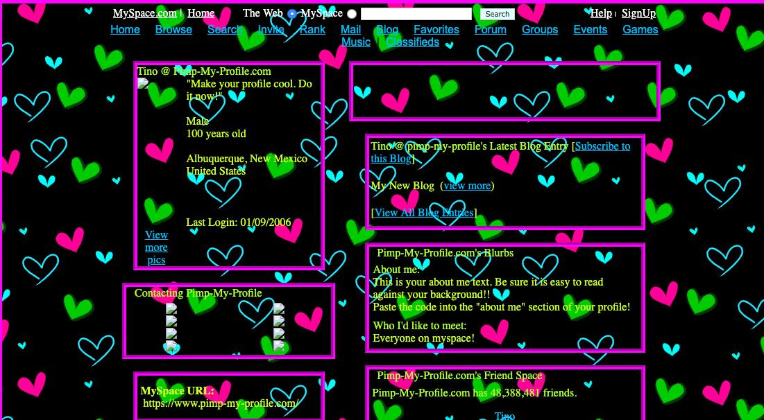 MySpace layout template with a black background, bright pink, green, and teal hearts, and hot pink borders for each widget