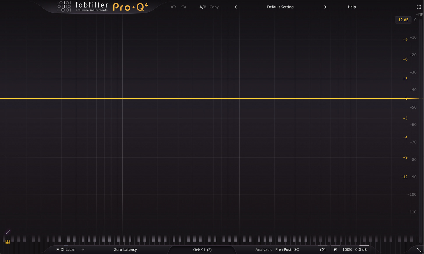 The FabFilter Pro-Q 4 in its default state without any sound running through it.