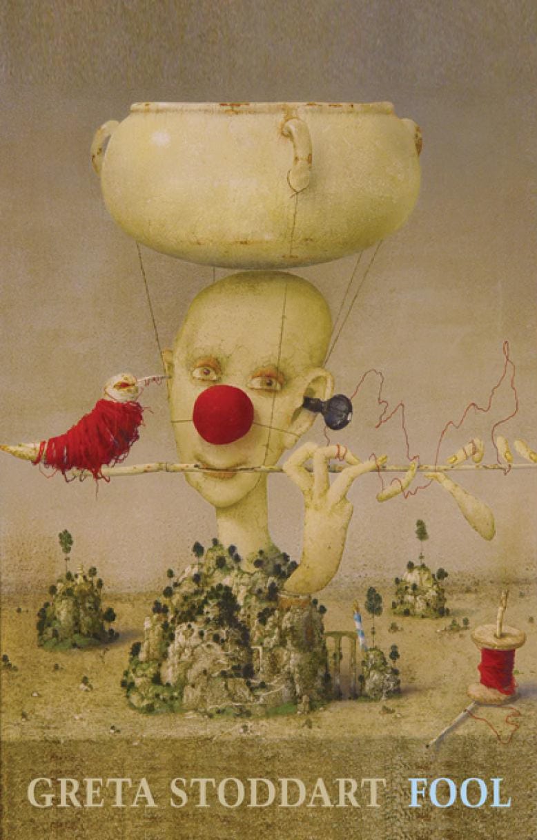 Book cover with a surreal picture of a bald woman's head with a chamber pot balanced on top, a clown's red nose, playing a flute with a bird sitting on it wrapped in red thread. Book cover with a surreal picture of a bald woman's head with a chamber pot balanced on top, a clown's red nose, playing a flute with a bird sitting on it wrapped in red thread.