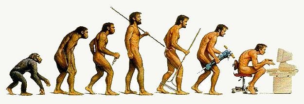 Illustration of a chimpanzee evolving into a human standing upright and then into a human hunched, seated at a computer.