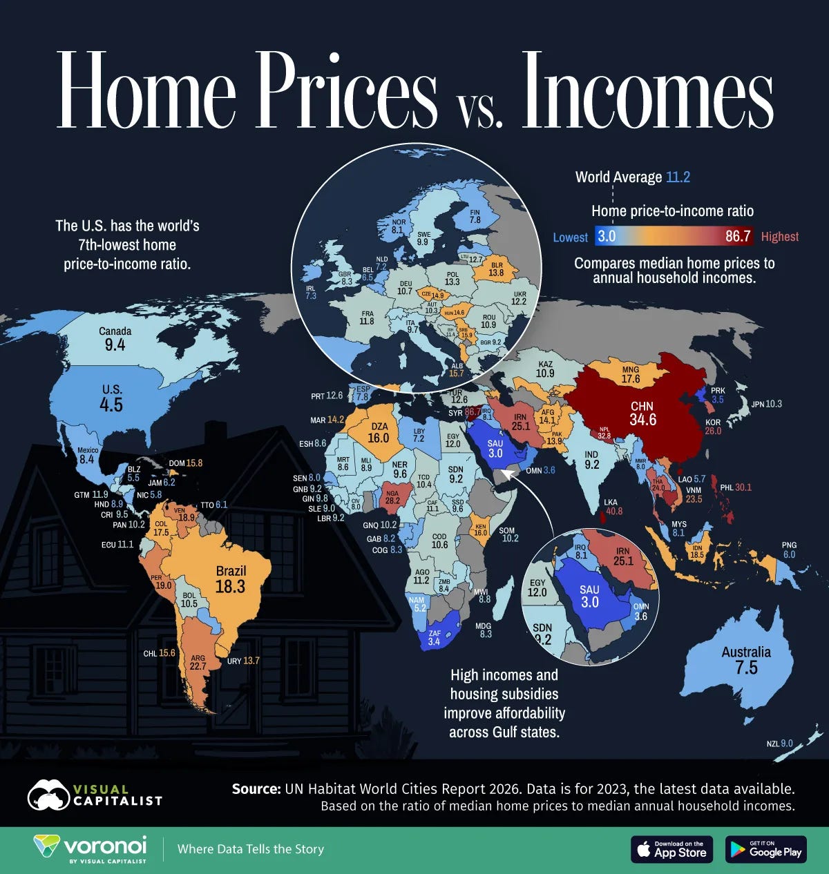 Map showing the home price-to-income by country around the world. Map showing the home price-to-income by country around the world.