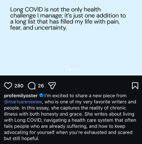 Emily Oster instagram post sharing a guest article on struggling with Long COVID Emily Oster instagram post sharing a guest article on struggling with Long COVID