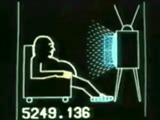 This may contain: a man sitting in a chair next to a tv with the words 524 138 on it