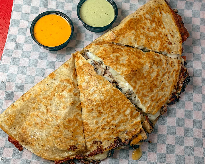 Quesdailla and steak bowl at The Green Chicken Miami