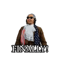 a man with his arms in the air and the words finally behind him