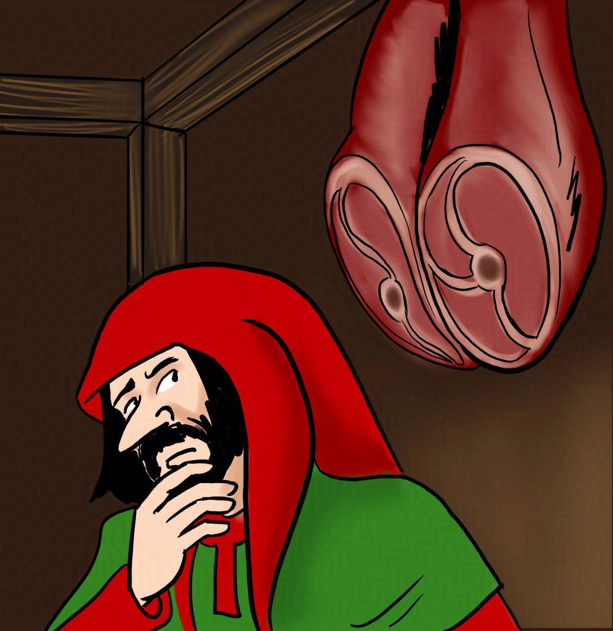 Panel 5. Jodoque eyeballs the legs of mutton that are hanging from the ceiling.