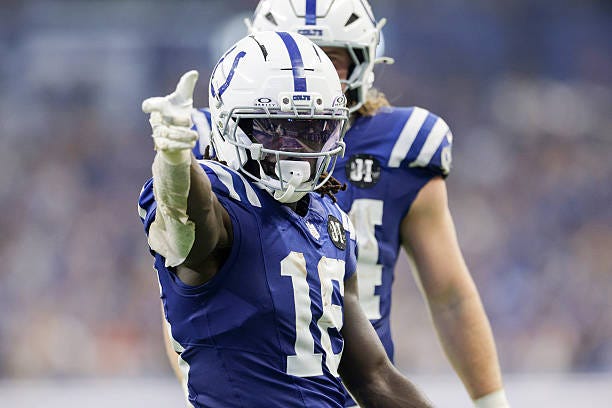 Ashton Dulin of the Indianapolis Colts reacts after a first down during the third quarter against the Las Vegas Raiders in the game at Lucas Oil...