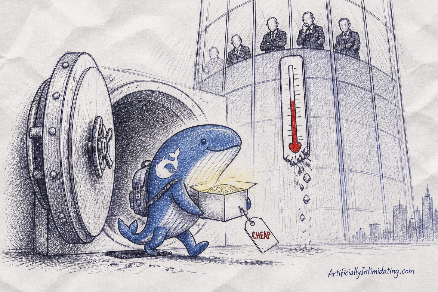 A small cheerful blue whale with a backpack walks out of an open vault carrying a glowing model box tagged CHEAP while executives in a glass tower watch a price thermometer crumble. A small cheerful blue whale with a backpack walks out of an open vault carrying a glowing model box tagged CHEAP while executives in a glass tower watch a price thermometer crumble.