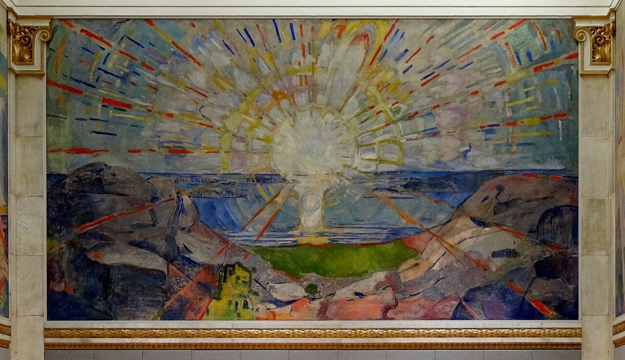 An enormous sun bursts over rocks and sea, throwing rays of colour across the whole canvas An enormous sun bursts over rocks and sea, throwing rays of colour across the whole canvas