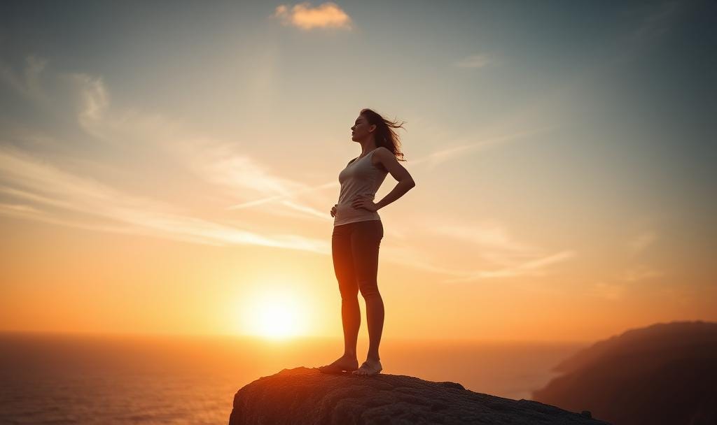 a confident woman standing tall against the wind on a cliff at sunrise, symbolizing courage, integrity, and the power of saying no, warm light, thoughtful expression, minimalist composition, calm strength, personal growth and self-trust