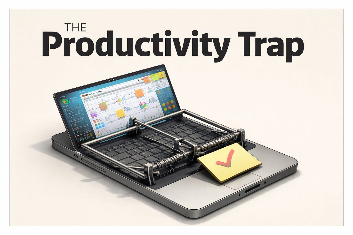 Illustration of a laptop set in a mousetrap representing the productivity trap founders fall into when consuming content instead of building Illustration of a laptop set in a mousetrap representing the productivity trap founders fall into when consuming content instead of building