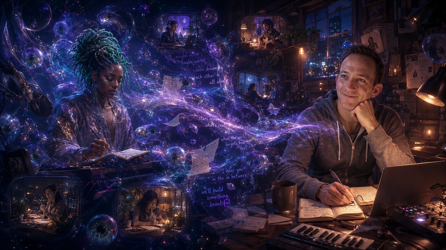 A dreamy image showing AI musicians creating through the flow state.
