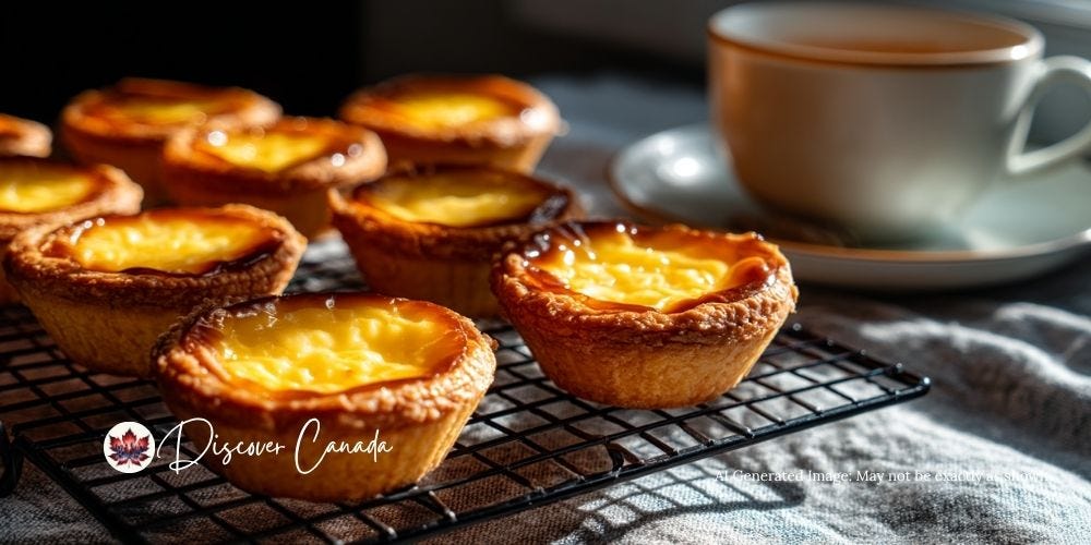 Hong Kong egg tarts with flaky pastry and silky custard, cooling on a rack beside tea.