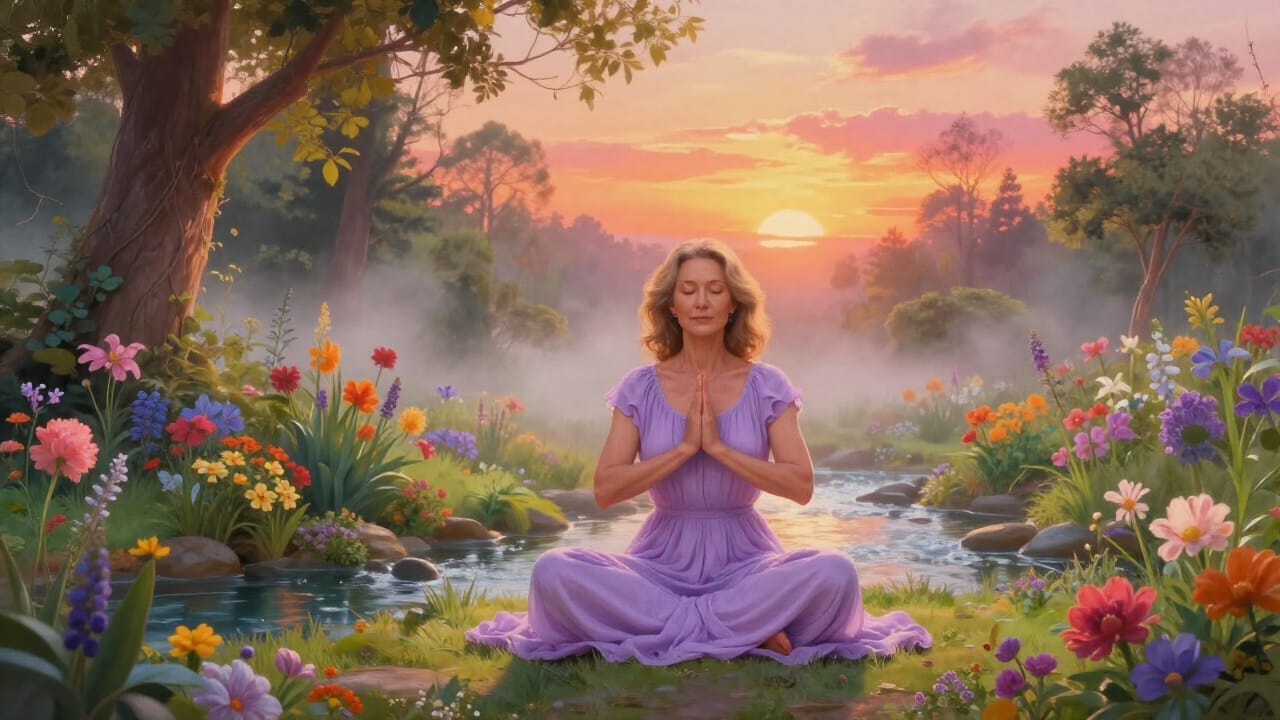 Mindful meditation in nature In a serene garden filled with colorful flowers and majestic trees, a healthy middle-aged woman sits quietly beside a babbling brook, practicing mindfulness meditation with a beautiful sunset in the background. The scene is depicted in a meticulous style, showcasing intricate details.