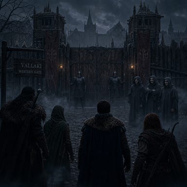 Vallaki western gate at twilight, tall iron‑bound wooden doors closed, battered guards standing rigid, three gray‑robed cultists with faint amused expressions, heavy mist curling around the party’s boots, looming palisade walls, Barovian Gothic atmosphere