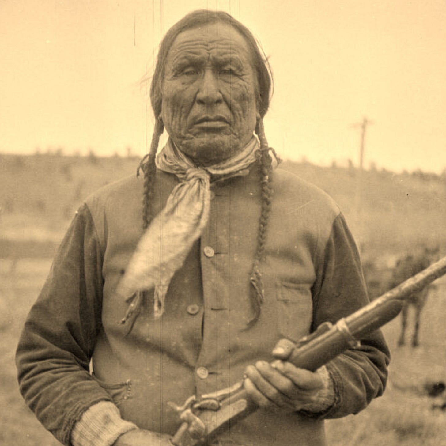 Wooden Leg holding a rifle and looking scary af