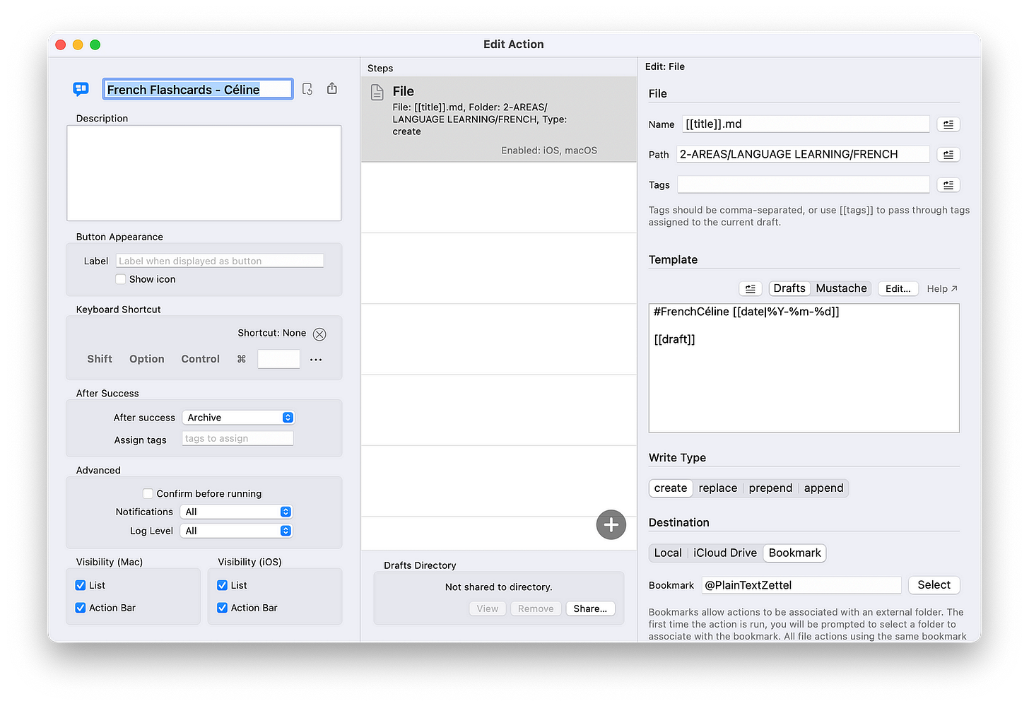 Drafts action pane showing [[title]].md in the Name field; 2-AREAS/LANGUAGE LEARNING/FRENCH in the Path field. In the Template box the first line reads #FrenchCéline [[date|%Y-%m-%d]], the second line is blank, and the third line reads [[draft]]. The Write Type is create, and the Destination is Bookmark. The Author’s bookmark is the name of her vault: @PlainTextZettel.