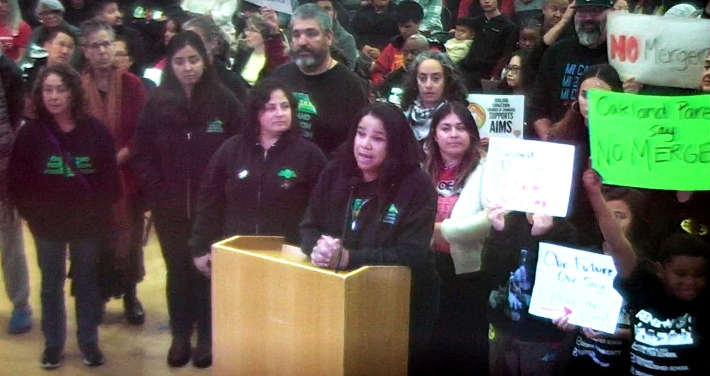 Oakland Education Association president Kampala Taiz-Rancifer addresses the board of education on November 13, 2025. Oakland, California. (Image source: Oakland Unified School District)
