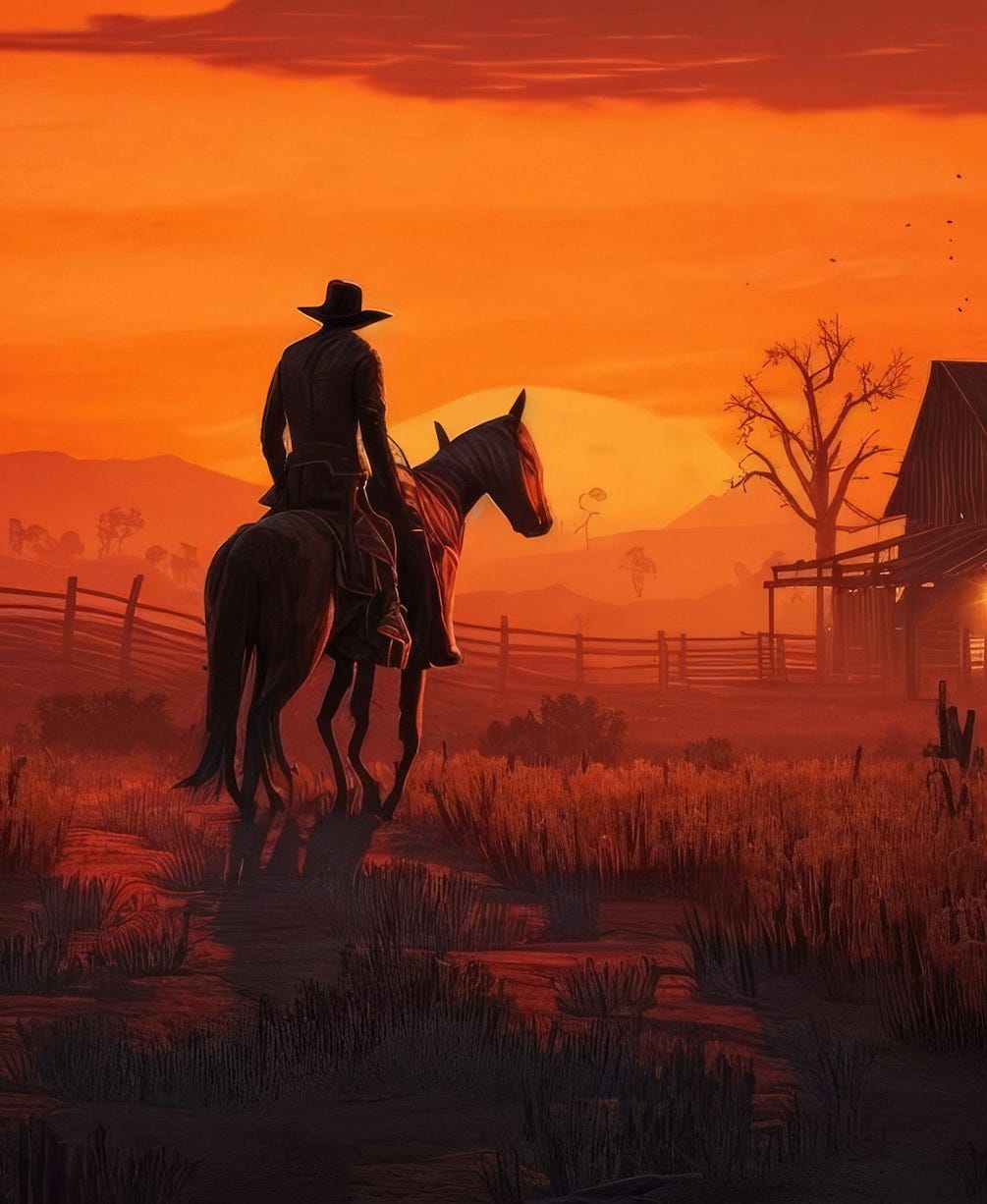 Cowboy riding horse at sunset near rustic cabin. Cowboy riding horse at sunset near rustic cabin.