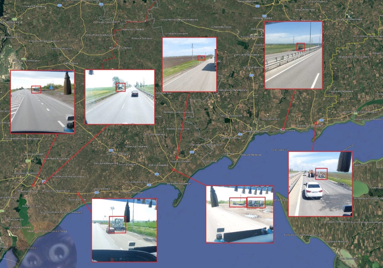 Destroyed Russian logistics trucks on the so-called ‘R-280’ highway. Source: @moklasen