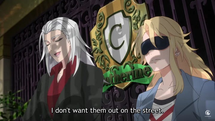 On the left, a picture of Eve with a blind fold on, next to a smug looking woman. They're in an elevator heading to an underground match. On the right, an image of Eve from behind with a sombre ambience, subtitled with "she's from a different world"