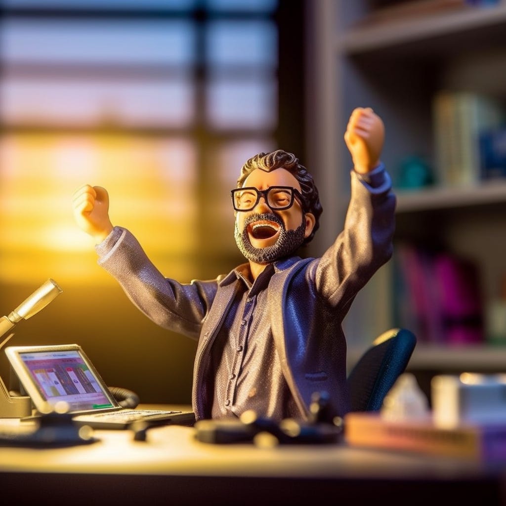 A man sitting at a desk, excited to be working in the early morning.
