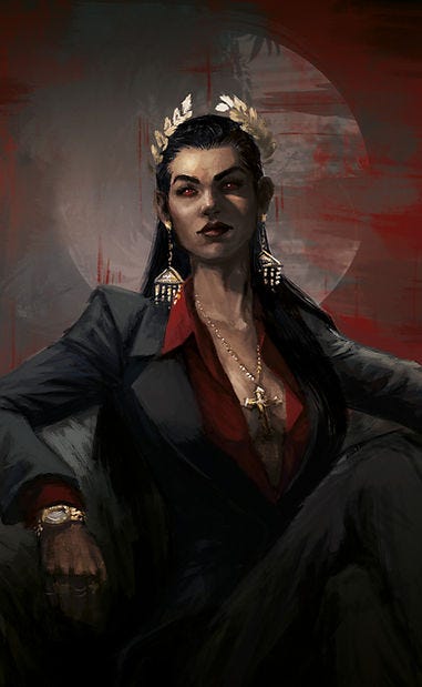 A woman with red eyes and a gold laurel crown, in business suit against a bloody background.