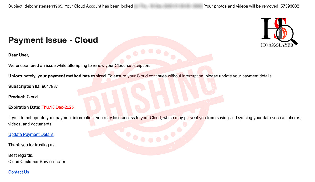 Fake Cloud Payment Issue email asks you to clcik to update payment details.