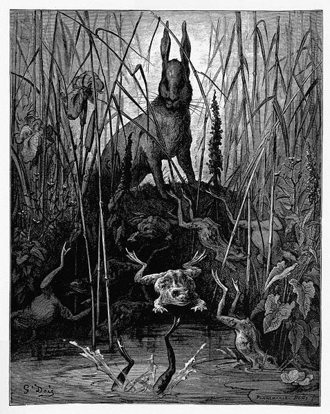 This may contain: an animal is jumping into the water with other animals around it and in the reeds