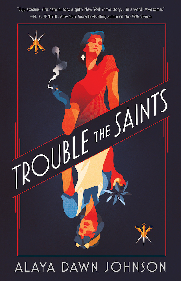 the cover of "trouble the saints," with a woman holding a cigarette right-side-up and a woman holding a flower in a pot upside-down.