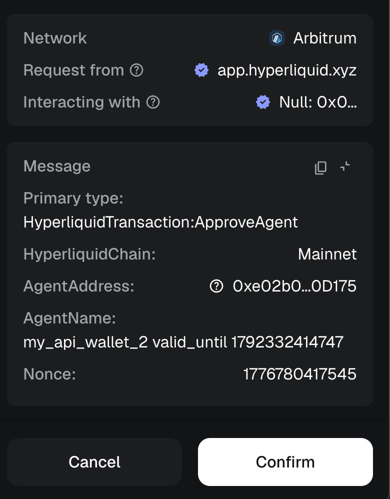 MetaMask EIP-712 signature prompt for HyperliquidTransaction ApproveAgent action showing agent address, agent name, and nonce on Arbitrum network