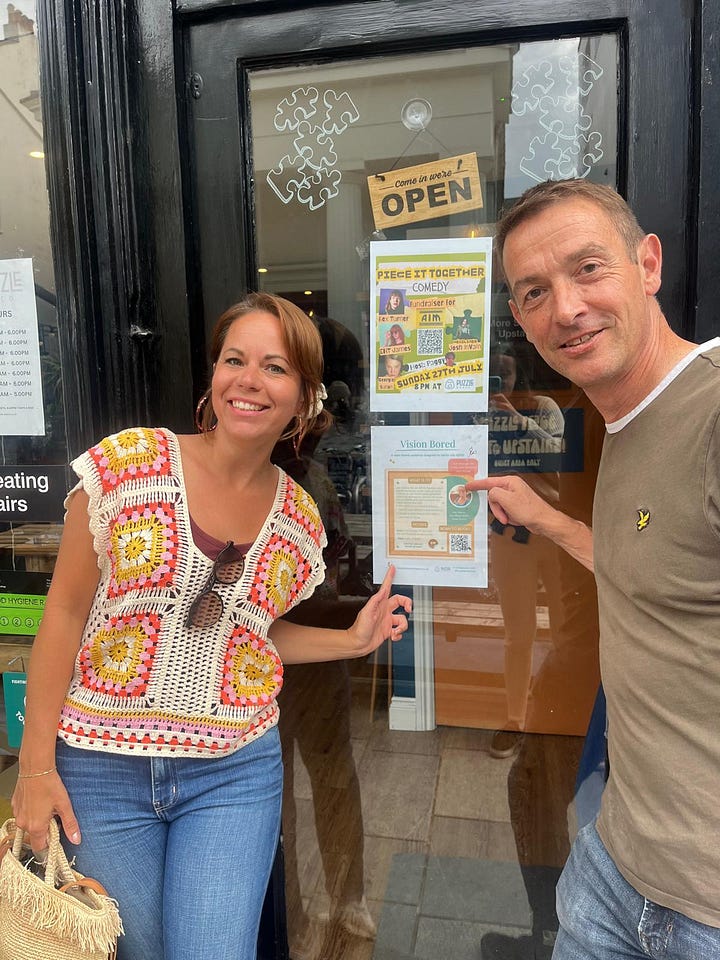 1) Two people by the door of a cafe showing a poster for a vision bored event 2) Poster for a vision board event called 'Vision Bored' with Donna, ADHD Coach