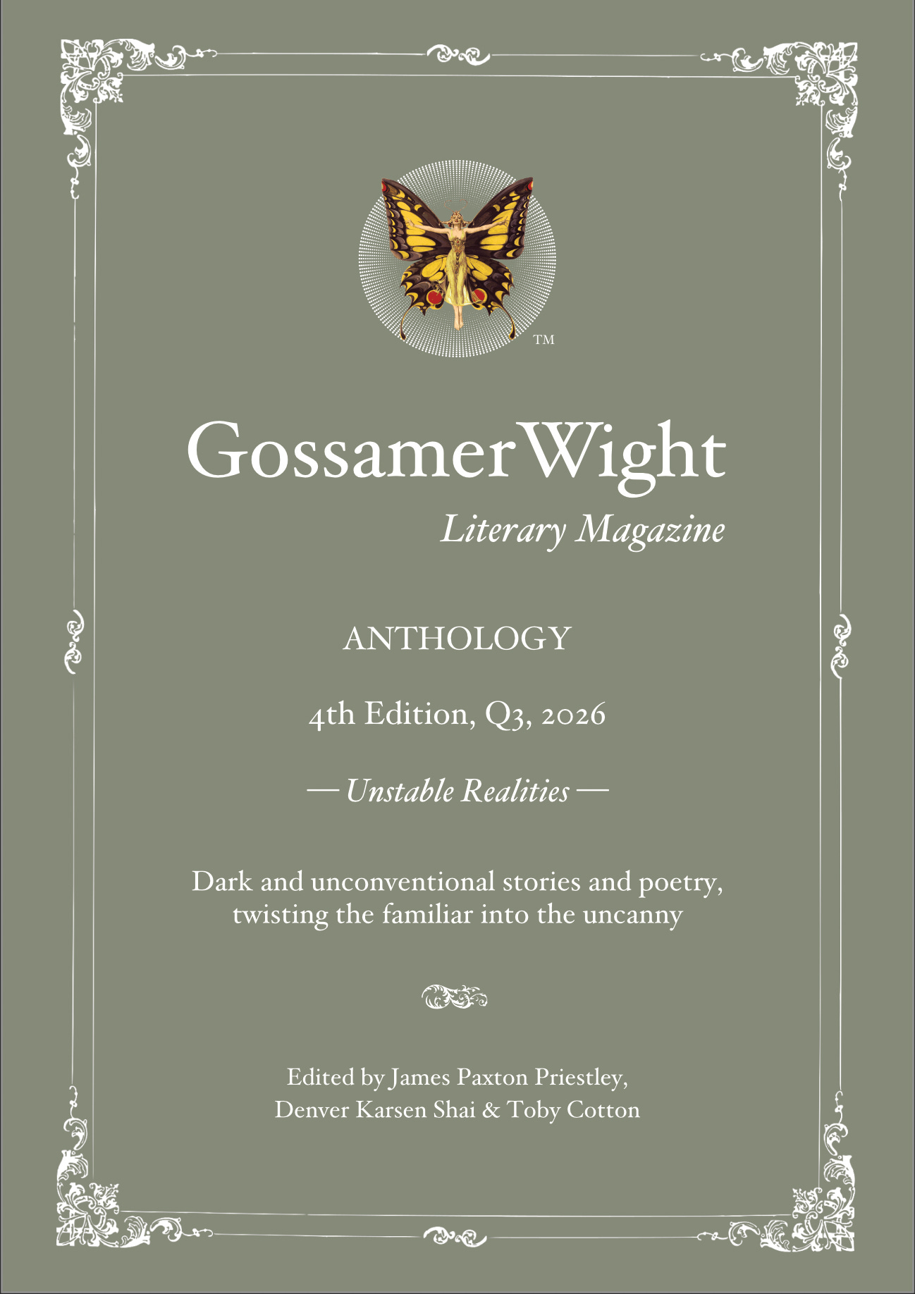 The sage green front cover of the Unstable Realities anthology.