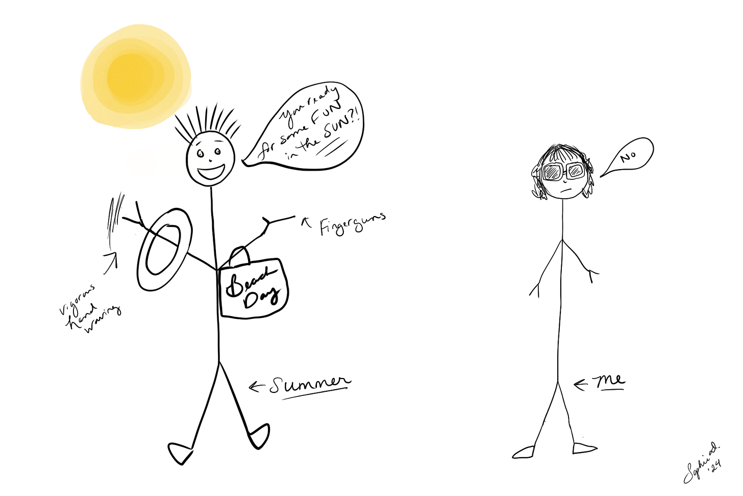 Childlike stick drawing. One figure has crazy spiky hair and is caring a floaty and a large bag that says Beach day on it. He’s vigorously waving his hand and is saying “you ready for some FUN in the sun?” The other figure has limp hair, giant sunglasses, and is frowning. Their whole body looks like it’s droopy and unmotivated. They are saying “no”. Figure one is summer. Figure two is me. Childlike stick drawing. One figure has crazy spiky hair and is caring a floaty and a large bag that says Beach day on it. He’s vigorously waving his hand and is saying “you ready for some FUN in the sun?” The other figure has limp hair, giant sunglasses, and is frowning. Their whole body looks like it’s droopy and unmotivated. They are saying “no”. Figure one is summer. Figure two is me.