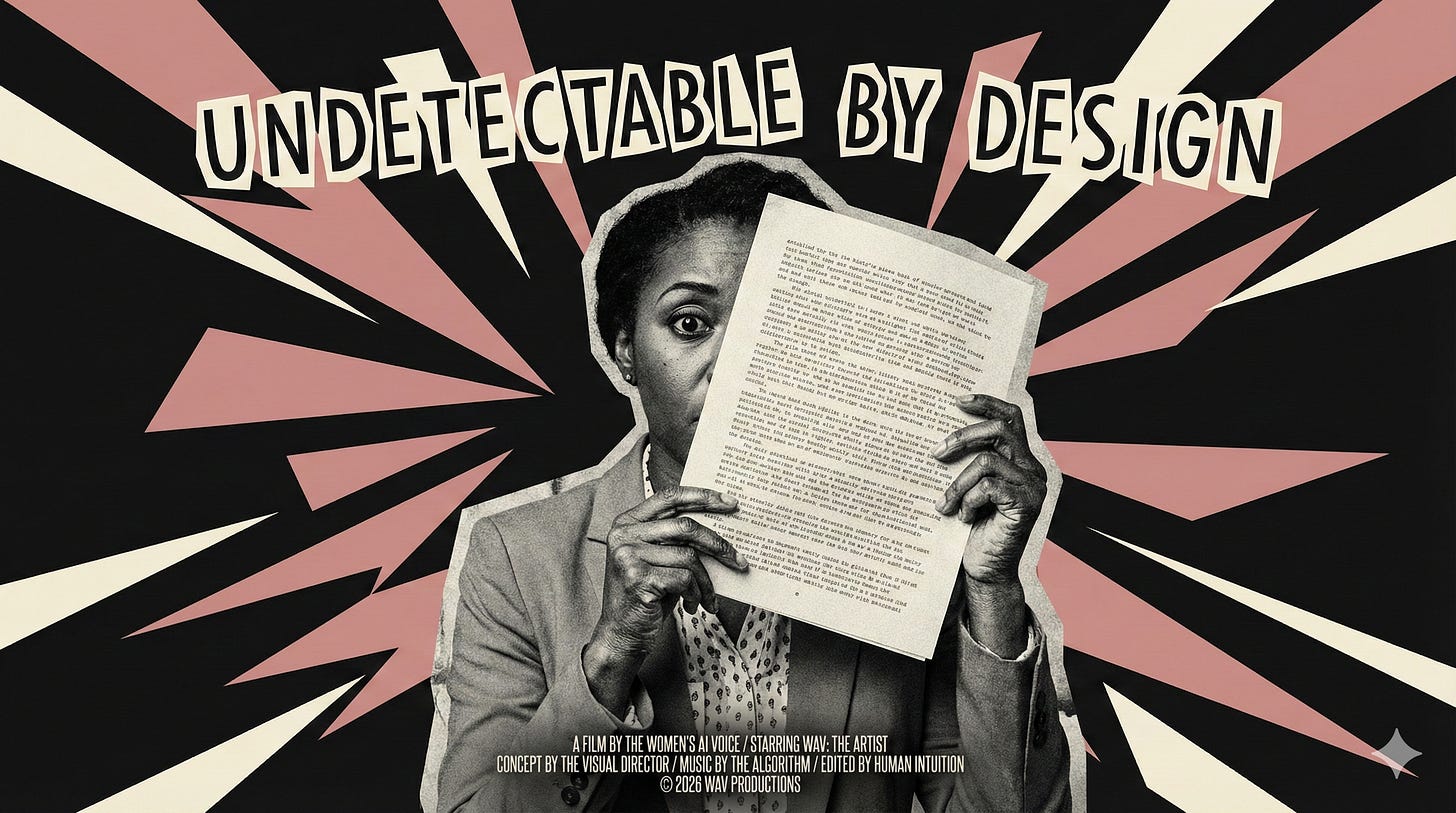 Film poster-style collage of a woman holding a document in front of her face, one eye peeking over. Dramatic pink and cream rays burst from behind her against a black background. Text reads 'UNDETECTABLE BY DESIGN' with film credits at the bottom reading 'A FILM BY THE WOMEN'S AI VOICE'