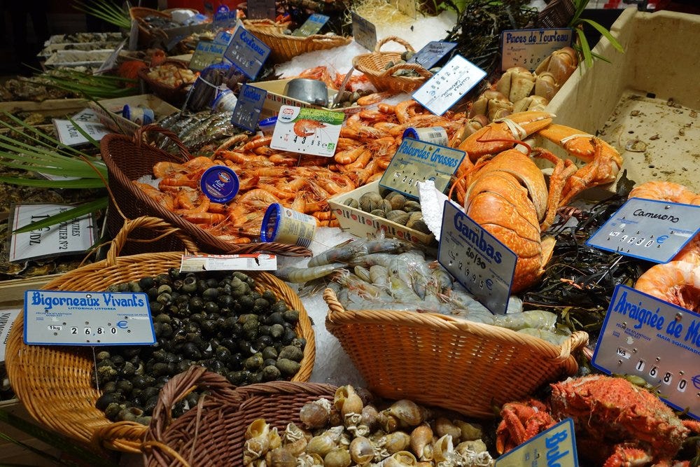 Fresh Seafood at Marché Victor Hugo, Toulouse, France Fresh Seafood at Marché Victor Hugo, Toulouse, France