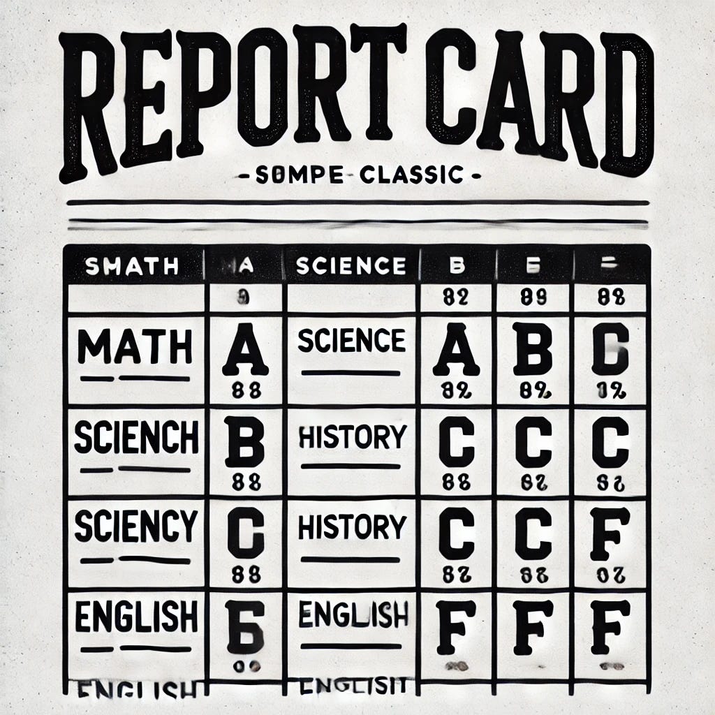 A simple and classic illustration of a report card. At the top, it says 'Report Card' in bold, professional text. Below, there are rows with subjects such as Math, Science, History, and English, each with grades like A, B, C, or F listed next to them. The layout is neat and formal, resembling a traditional school report card. The design is clean, with a white background and black text, evoking an academic feel.