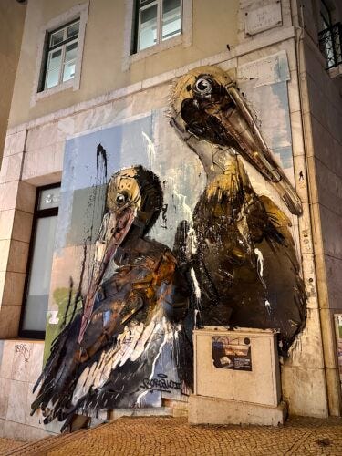 Pelicans, an art piece made almost entirely of trash by Bordalo II