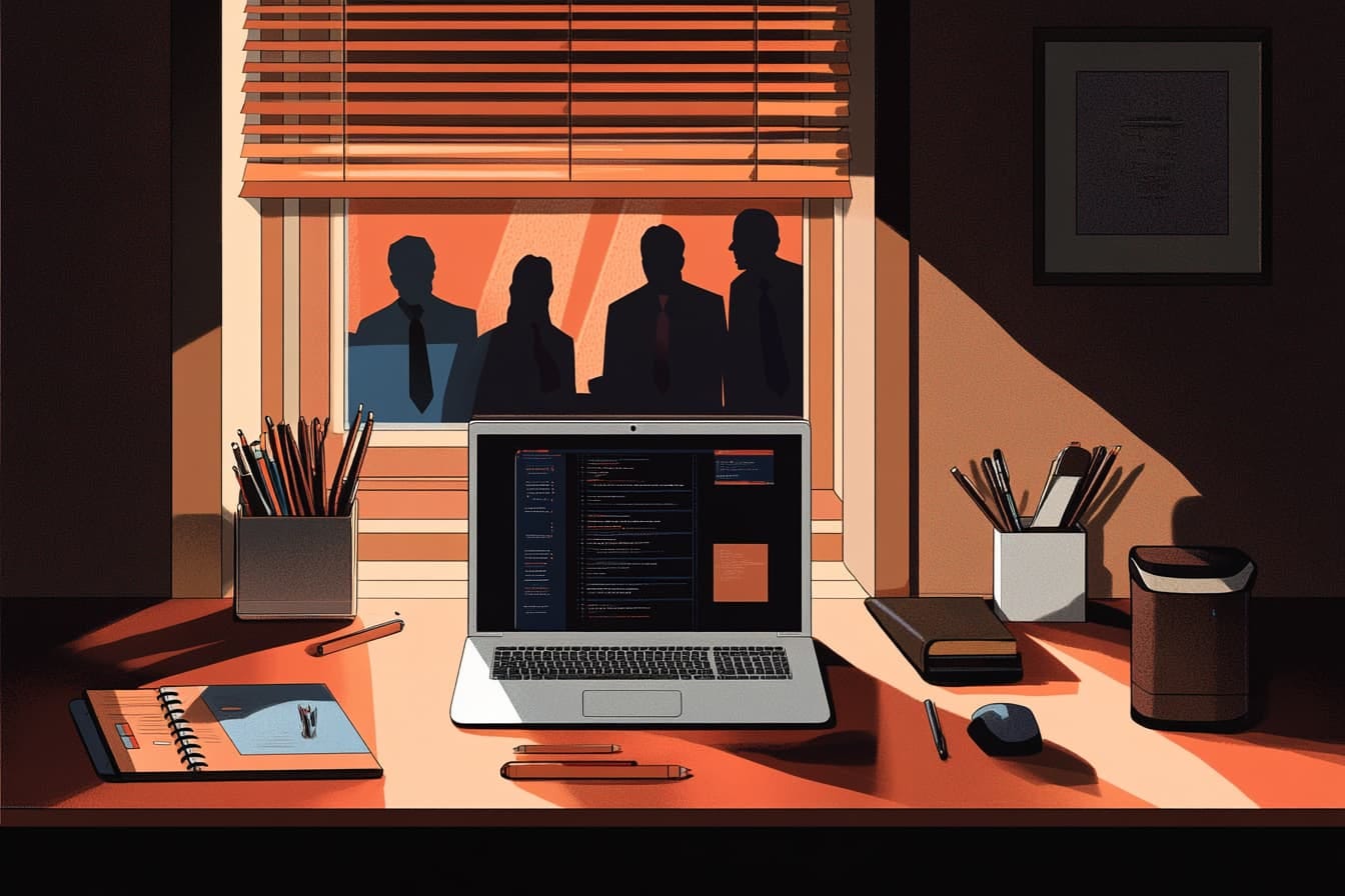 illustration of a work desk with looming shadowy figures through a window in the background