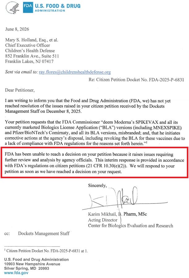 Update: an interim FDA response on the Citizen Petition to revoke Pfizer and Moderna mRNA vaccines Biologics Licensing Approval (BLA).