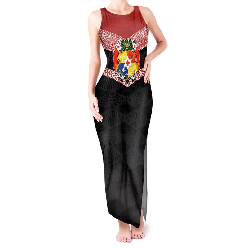 Tonga Tank Maxi Dress Tonga Coat of Arms with Seamless Tapa Ngatu Pattern