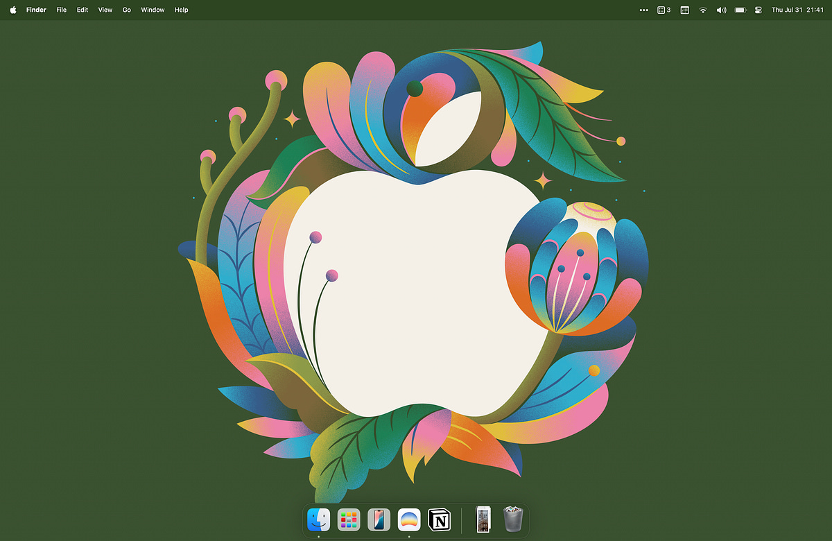 An empty MacOS desktop with 5 apps on the dock