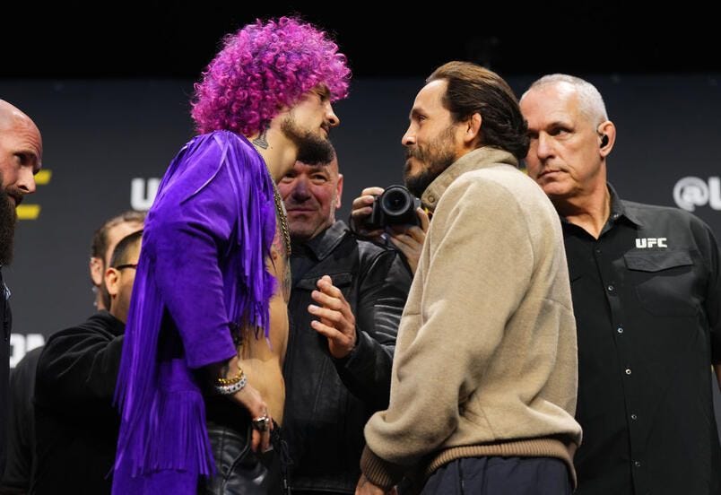 Opponents Sean O'Malley and Marlo Vera face off during the UFC 2024 seasonal press conference at M