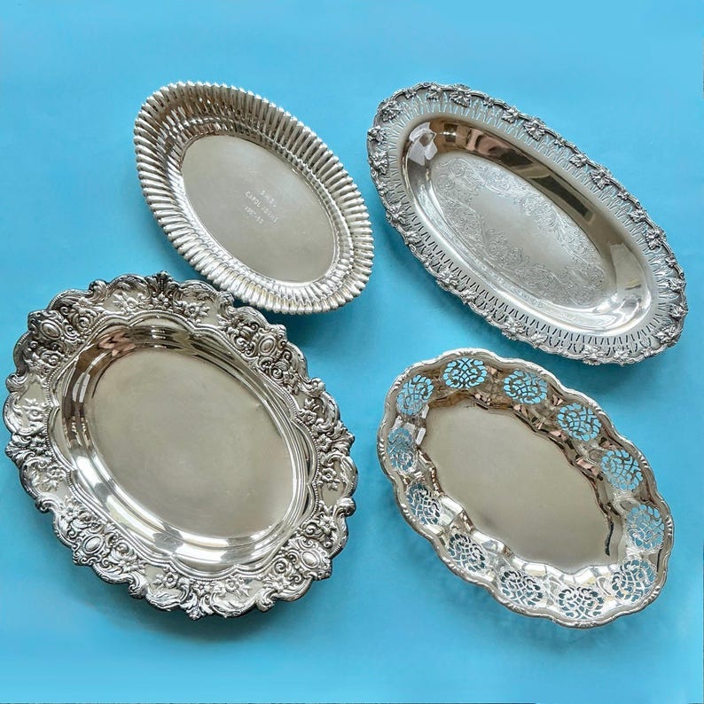 Silver Plated Oval Trays. Decorative Serving Dishes, Ornate Embossed Silverplate Bowls. Vintage silverware image 1
