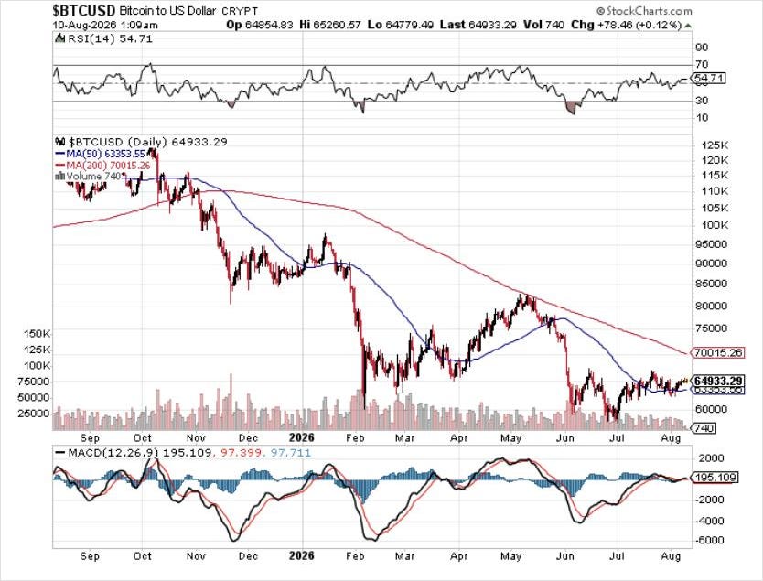 Bitcoin to US Dollar daily price chart with RSI and MACD indicators August 2026