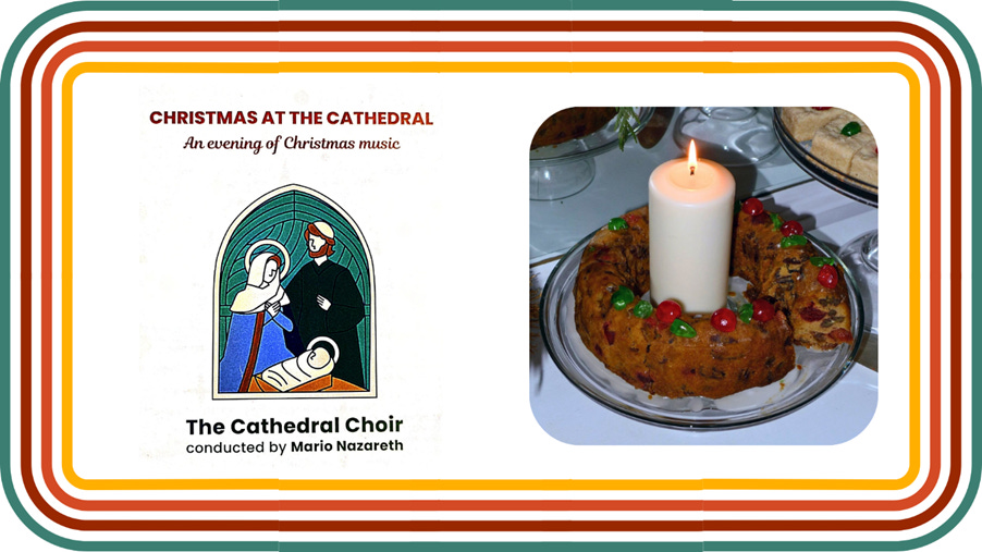 Promotional flier of the Christmas Carol Concert by The Cathedral Choir, Bombay on the left, and a Christmas Cake on the right